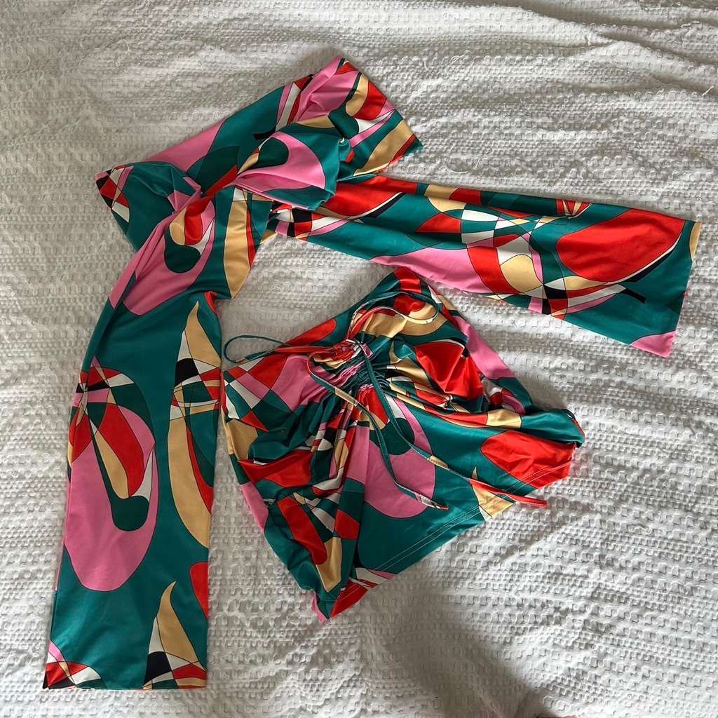 Naomi Set - Geo With Jean Skirt And Scarf Top Set